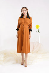 Silk Button-Down Midi Shirt Dress with Contrast Collar Detail